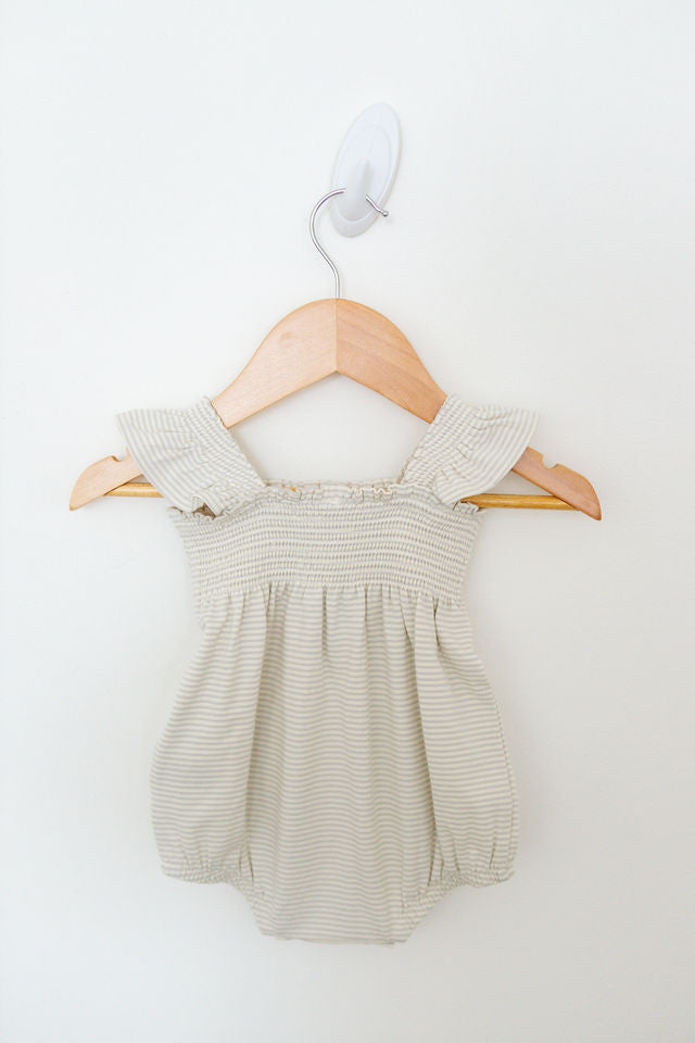 Microstripe Sky Ruffle Sleeve Romper