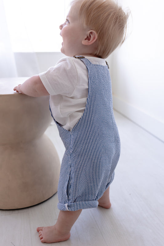 Galleon Buckle Overalls Seersucker - Royal & White