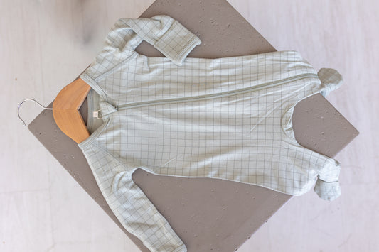 Bamboo Zip Footie - Sage Grid